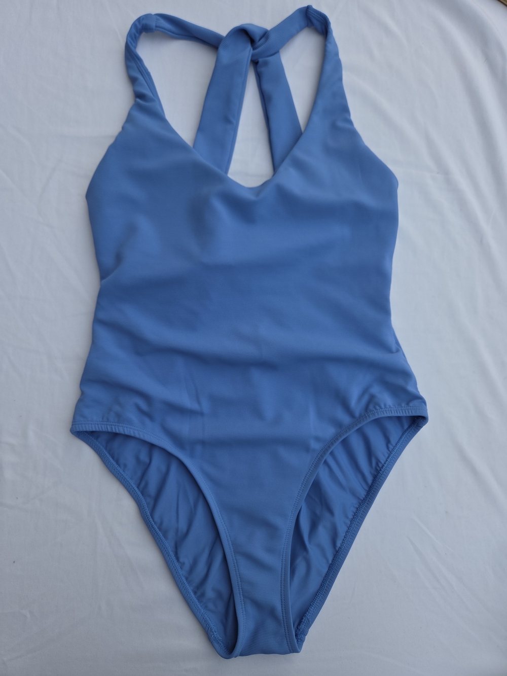 NWT Wilo The Label One Piece Swimsuit Women Size M Blue Ribbed Criss Cross Back